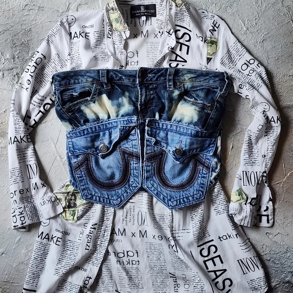 Designer Corset Sexy Top Upcycled Denim Distressed Fabric Boho Shabby Chic - Picture 7 of 14